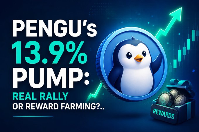 The image is a promotional graphic titled "PENGU's 13.9% PUMP: REAL RALLY OR REWARD FARMING?.." featuring the PENGU penguin mascot coin alongside an upward trending candlestick chart and a "REWARDS" treasure chest, visually reinforcing the post's question about whether PENGU's price surge is driven by genuine demand or temporary exchange reward farming from LBank's $500K campaign.