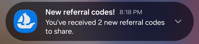 A smartphone notification from OpenSea at 8:18 PM alerts "New referral codes! You've received 2 new referral codes to share," which the poster is using to give away codes to interested users.