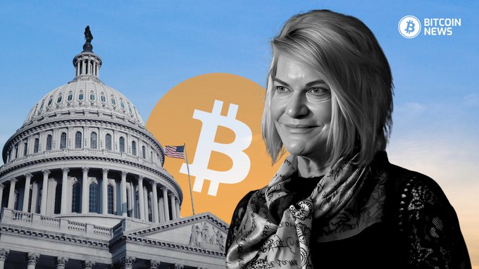 A black-and-white image features Senator Cynthia Lummis alongside a grayscale rendering of the U.S. Capitol dome and an orange Bitcoin logo against a blue sky, with the "BITCOIN NEWS" branding in the top right corner. The composition visually ties the Senator to her S. 2207 bill, which proposes exempting small Bitcoin purchases from capital gains tax and could generate up to $2.58 billion in federal revenue over a decade.
