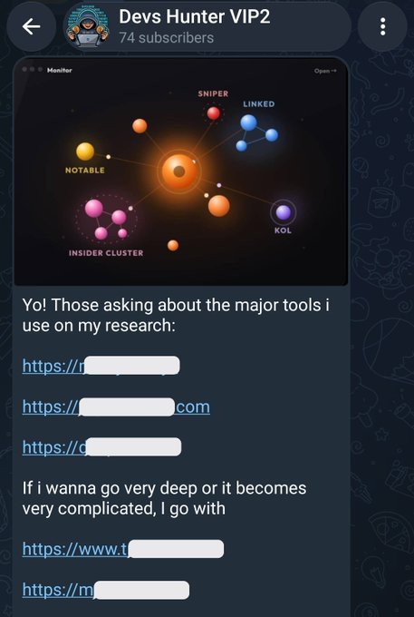 A Telegram channel post titled "Devs Hunter VIP2" with 74 subscribers displays a network diagram labeling nodes like "SNIPER," "LINKED," "NOTABLE," "KOL," and "INSIDER CLUSTER," followed by a message listing research tools with several URLs redacted.