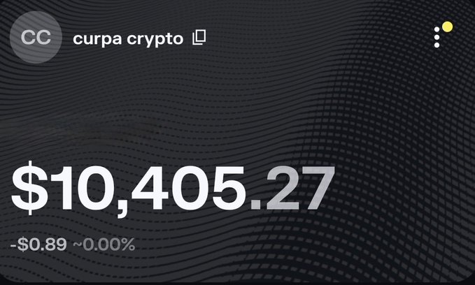 The image shows a cryptocurrency balance of $10,405.27 with "curpa crypto" branding, visually representing the $10,000 goal mentioned in the accompanying post. The post offers a chance to participate in a challenge starting with $25 SOL to reach $10,000.