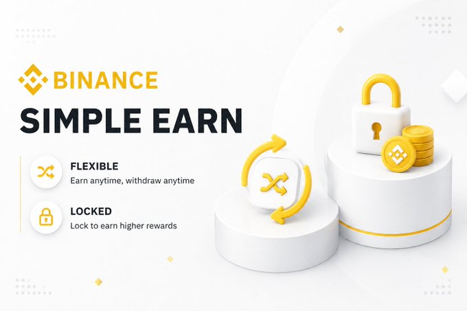 A promotional graphic for 'BINANCE SIMPLE EARN' highlighting two earning options: 'FLEXIBLE' (Earn anytime, withdraw anytime) and 'LOCKED' (Lock to earn higher rewards), illustrated with 3D icons of a swap symbol and a padlock with coins.