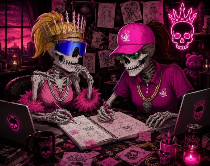 The image shows two skeleton figures adorned with "SOL" branded merchandise, including a pink cap and a thick gold chain, collaborating over sketchbooks covered in doodles and skull motifs, with a neon pink crown-skull sign glowing in the background. The scene's edgy, creative workspace aesthetic aligns perfectly with the "Good morning web 3 family" greeting, presenting a stylish, on-brand vibe for a Solana-focused Web 3 community.