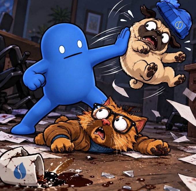 A cartoon illustration shows a blue humanoid character slapping a pug while an orange cat wearing glasses cowers on the floor amid scattered papers and a spilled coffee cup.