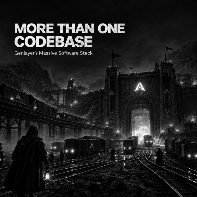 A dark, atmospheric digital artwork showing a cloaked figure with a lantern standing before a massive fortified gateway with train tracks, overlaid with the text 'MORE THAN ONE CODEBASE - Genlayer's Massive Software Stack'.