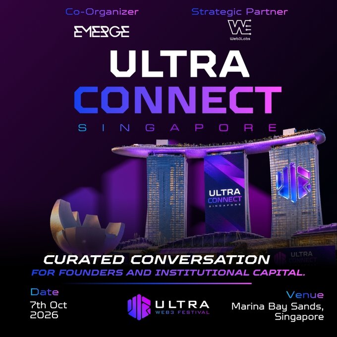An event poster for 'ULTRA CONNECT SINGAPORE' features the Marina Bay Sands building, listing 'EMERGE' as co-organizer and 'Web3Labs' as strategic partner, scheduled for 7th Oct 2026.