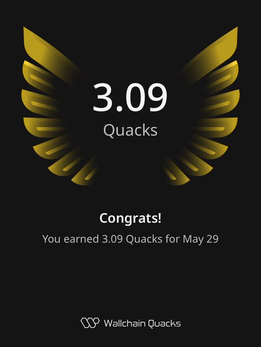 The image features a poster with an illustration of a bird's wing, which has gold accents and says "concludes" at the bottom. The poster also displays a message congratulating the user for winning 3.09 Quacks. The background is black, making the gold elements stand out.