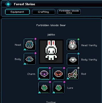 A screenshot of a video game menu titled 'Forest Shrine' displays a pixel art character labeled 'Jabiko' surrounded by equipment slots for head, body, charm, rod, and lure items.