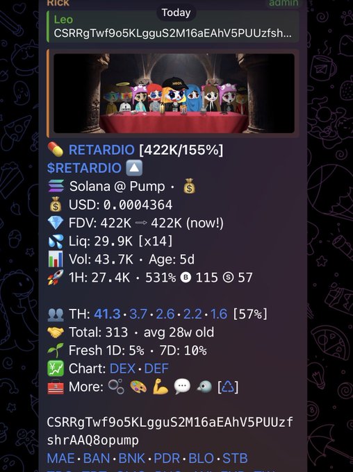 A Telegram message from admin "Leo" displaying crypto token data for "RETARDIO" ($RETARDIO) on Solana via Pump, showing FDV of 422K, market cap details, and holder statistics.