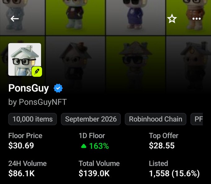 An NFT collection page for 'PonsGuy' by PonsGuyNFT on Robinhood Chain, showing a floor price of $30.69, a 1D floor increase of 163%, and 1,558 listed items.