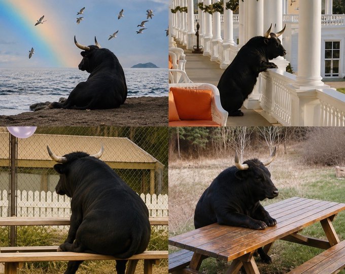 A four-panel collage shows a black bull in various relaxed poses: lying on a beach under a rainbow with flying birds, sitting upright on a hotel balcony next to a wicker chair, resting on a wooden bench by a white picket fence, and lying with its head on a wooden picnic table outdoors.