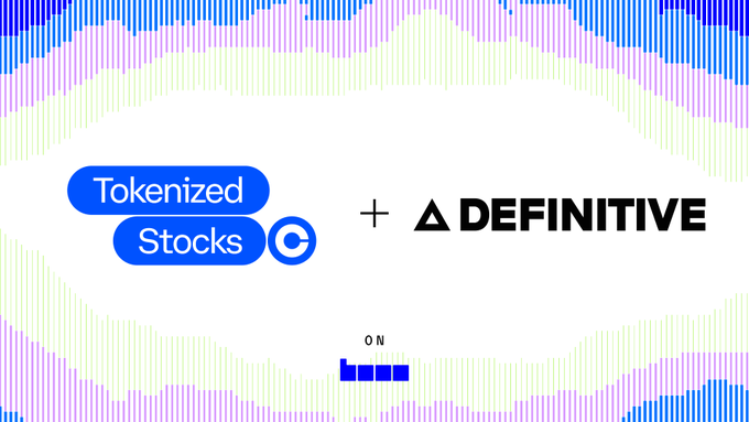 A promotional graphic displaying the Tokenized Stocks logo paired with the 'DEFINITIVE' logo, separated by a plus sign, on a wave-patterned background with 'ON' text below.