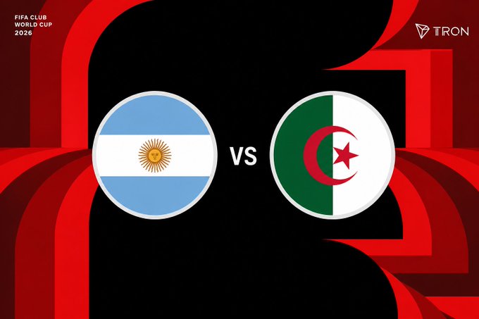 A FIFA Club World Cup 2026 graphic showing a matchup between Argentina and Algeria, with their respective flags displayed as circular icons separated by 'VS', and 'TRON' branding in the upper right.