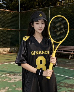 The image features a woman holding a tennis racket on her shoulder, standing out against an urban backdrop. The scene also includes text elements such as a URL or description of the post, possibly an AI's comment about the picture.