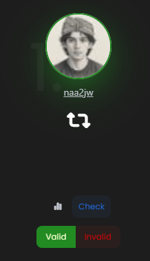 A verification screen shows a profile picture of a young man wearing a beanie, with the username 'naa2jw' displayed below along with 'Valid' and 'Invalid' check buttons.