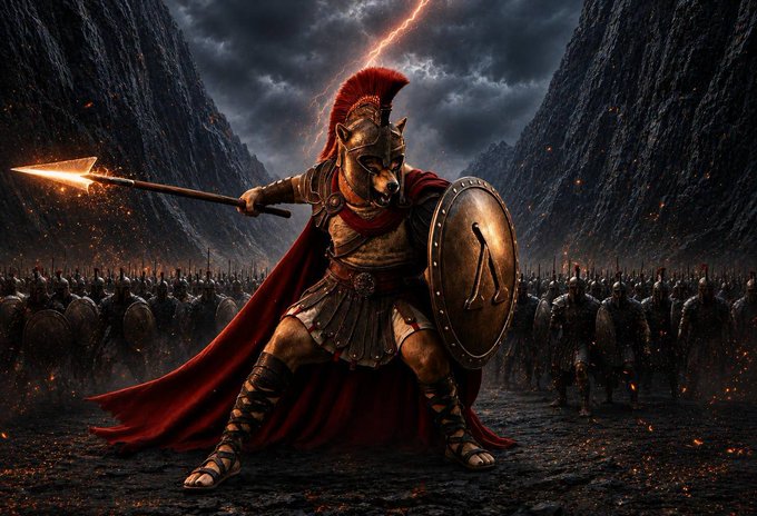 The image features a man dressed as a Roman soldier, wearing a red tunic with gold trim and a helmet with a shield. He holds a spear in his right hand and stands in front of a large group of soldiers who are also dressed in similar armor. The background is dark and filled with smoke from burning buildings, creating an atmosphere of chaos and danger. The image includes the text "Do it Dogeus Maximus" which suggests that this scene might be inspired by or related to the popular video game series "Doge's Army".