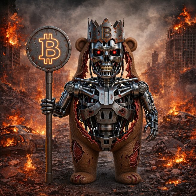 A dark fantasy illustration depicts a teddy bear with an exposed metallic endoskeleton wearing a crown marked with a Bitcoin 'B', holding a staff with a glowing Bitcoin symbol against a burning, apocalyptic cityscape.