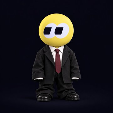 A 3D-rendered figure wears a black suit with a red tie and has a yellow smiley face emoji for a head, featuring sunglasses.