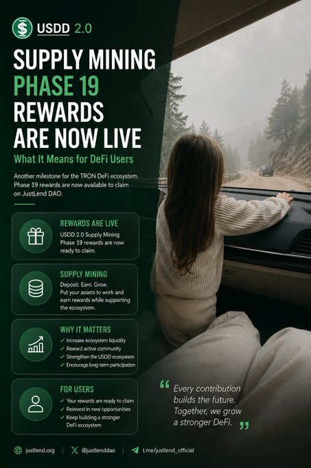 A promotional graphic for 'USDD 2.0' announcing 'SUPPLY MINING PHASE 19 REWARDS ARE NOW LIVE' with information about the TRON DeFi ecosystem and JustLend DAO.