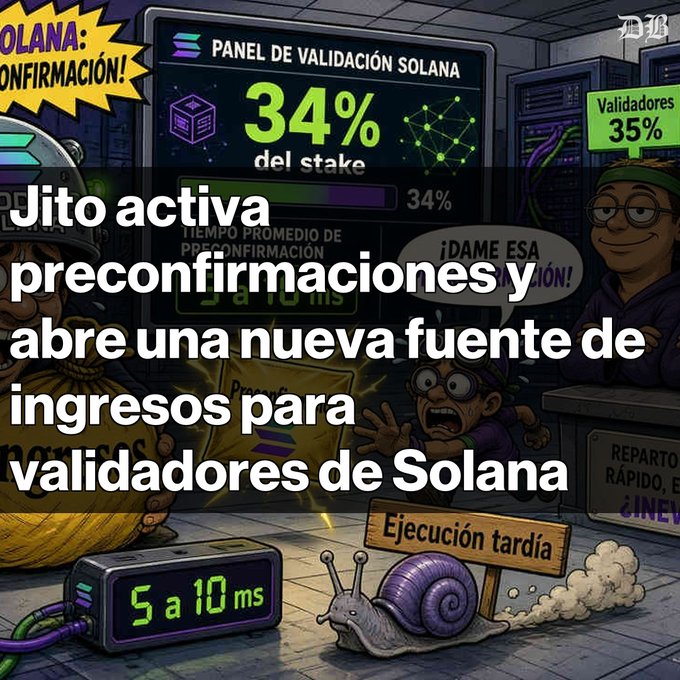 A Spanish-language crypto graphic states 'Jito activa preconfirmaciones y abre una nueva fuente de ingresos para validadores de Solana' alongside a Solana validation panel showing 34% of stake and 5-10ms confirmation times.