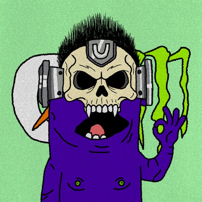 A cartoon illustration of a purple monster-like creature with a skull face, large headphones, a mohawk, and green liquid dripping beside it on a green background.