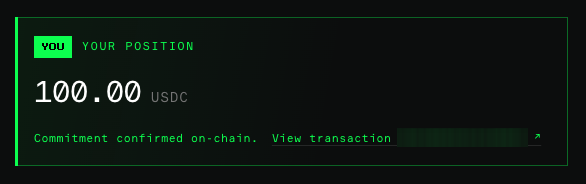 A digital receipt displays a confirmed on-chain commitment of 100.00 USDC labeled "YOUR POSITION" with a "View transaction" link, supporting the poster's announcement of joining the Axis Robotics community sale at 52% of target funding.