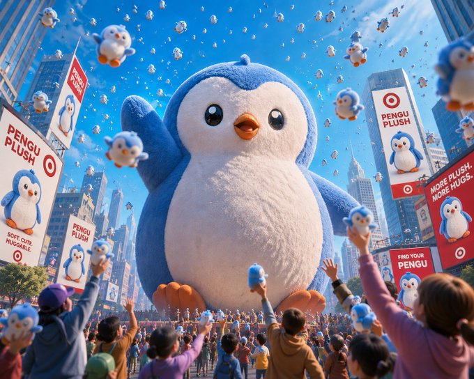 A vibrant promotional scene featuring a giant fluffy blue penguin plush in a city, with crowds cheering and banners reading 'PENGU PLUSH,' 'SOFT CUTE HUGGABLE,' 'MORE PLUSH. MORE HUGS,' and 'FIND YOUR PENGU.'