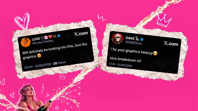 Two X.com tweets are displayed on a pink background with decorative hearts and a woman with pink hair: one from @Love_Creates reading 'LOVE [emojis] Will definitely be looking into this, love the graphics 😍', and one from @GMIDave reading 'DAVE [emojis] i fw your graphics heavy😩 nice breakdown ml'.