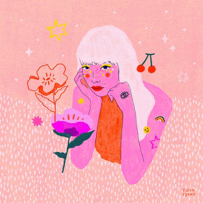 An illustrated portrait of a woman with long white hair and pink skin, decorated with cherries, stars, flowers, a rainbow, and smiley face stickers, signed 'Tiffa Tronn' in the bottom corner.