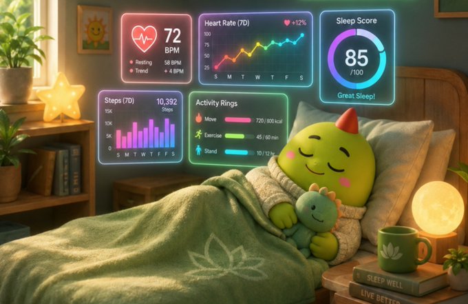 A cozy bedroom scene featuring a cute green character sleeping in bed, surrounded by health dashboard widgets showing 72 BPM heart rate, 85/100 sleep score, 10,392 steps, and activity rings.