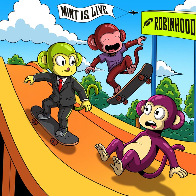 A colorful cartoon illustration showing three monkeys skateboarding down a ramp with a banner reading 'MINT IS LIVE' and a 'ROBINHOOD' sign in the background.
