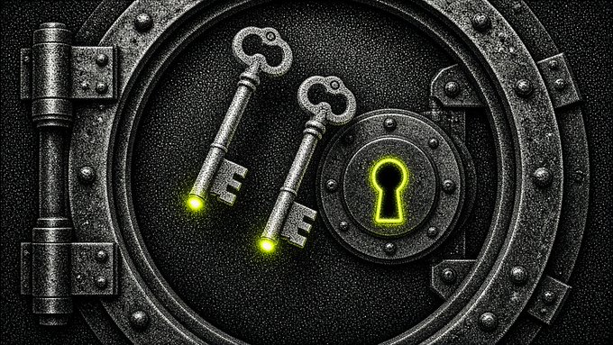 A digital illustration of two ornate metal skeleton keys with glowing green tips resting on a heavy circular vault door with a glowing green keyhole.