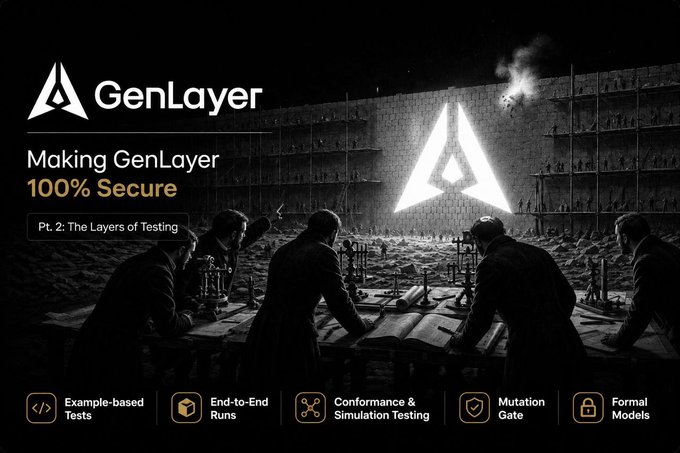 A presentation slide titled 'Making GenLayer 100% Secure, Pt. 2: The Layers of Testing' shows people working at a table with testing categories like 'Example-based Tests' and 'Mutation Gate' listed at the bottom.