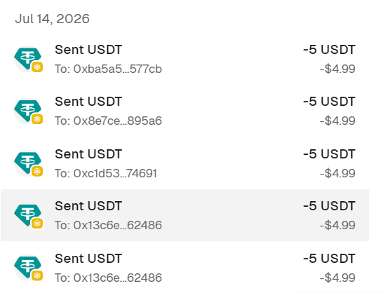 A cryptocurrency transaction history dated Jul 14, 2026, showing multiple 'Sent USDT' entries of -5 USDDT ($-4.99) to various wallet addresses via the Tether (USDT) network.