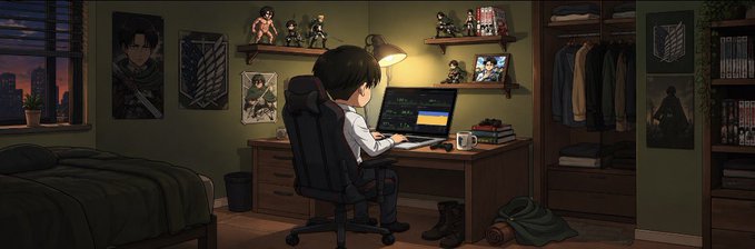 An anime-style illustration shows a boy with brown hair sitting at a desk with a laptop, surrounded by anime posters, figurines, and shelves in a dimly lit room.