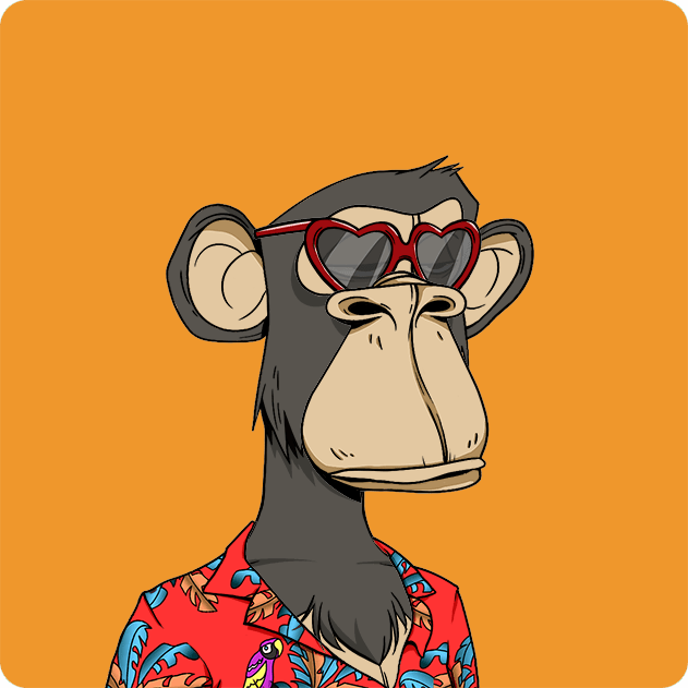 A cartoon illustration of a Bored Ape-style NFT monkey wearing red heart-shaped sunglasses and a colorful tropical Hawaiian shirt against an orange background.
