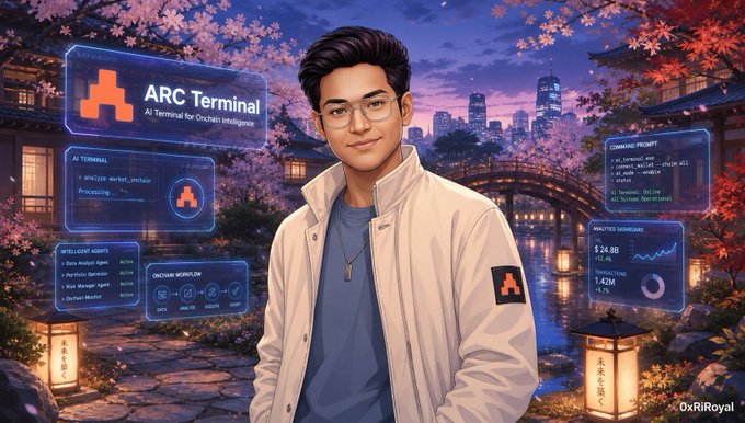 An illustrated man stands in a neon-lit, cherry-blossom city beside holographic panels for “ARC Terminal” and “AI Terminal for Onchain Intelligence,” with a skyline and analytics readouts in the background. The imagery supports the post’s idea of an onchain proof layer: the visible dashboards suggest a session where a verifiable receipt or “proof” could be created, surfaced, and found—not merely generated.