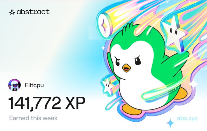 The image features a cartoon penguin with green and white feathers standing upright on its hind legs against a blue background. The penguin has a star on its head, and there are stars scattered throughout the scene as well. In the bottom right corner of the image, there is text that reads "I just earned 14,772 XP on @AbstractChain! Platinum III Tier!". This suggests that the post might be related to an online game or platform where players can earn points by completing tasks or challenges.