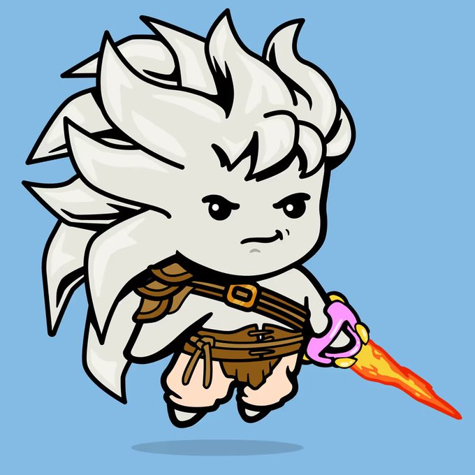 A cartoon chibi character with spiky white hair, a determined expression, and leather armor, holding a dagger with a flaming blade against a light blue background.