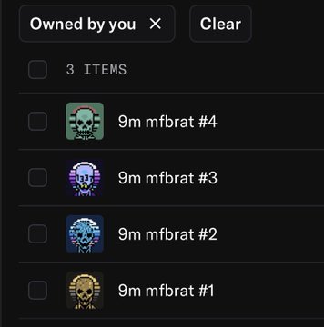 We need to write a concise 1-2 sentence caption describing what is in the image, include key text, numbers, tickers, names visible. Also note how the image relates to the accompanying post "do you even lont, bro?". So likely the image shows a list of items owned by you, three items named "9m mfbrat #4", "#3", "#2", "#1". The post "do you even lont, bro?" is likely a meme about "lont" maybe "long"? Or "lont" could be a typo for "long"? Could be referencing "lont" as "lont" meaning "long"? Or maybe "lont" is a slang for "long"? The image shows "9m" which could be 9 million, maybe referring to "9m" as "9 million" and "mfbrat" maybe a username or item name. The post "do you even lont,