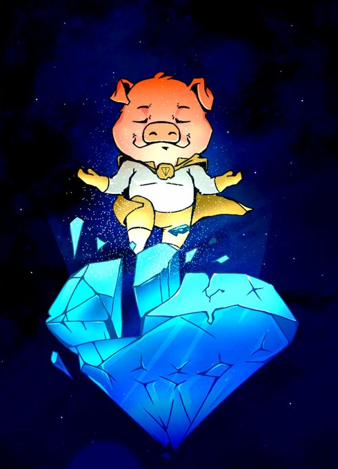 An illustration of a cartoon pig wearing a white and yellow superhero outfit floating in a meditative pose above a large blue crystal against a starry night background.