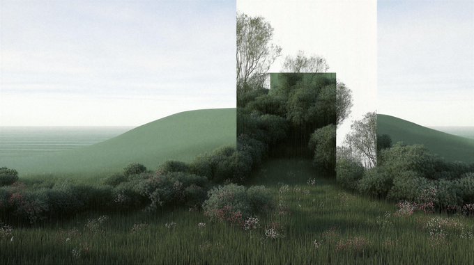 A serene landscape featuring rolling green hills with wildflowers, trees, and a pale sky, overlaid with a translucent rectangular frame creating an artistic glitch effect.