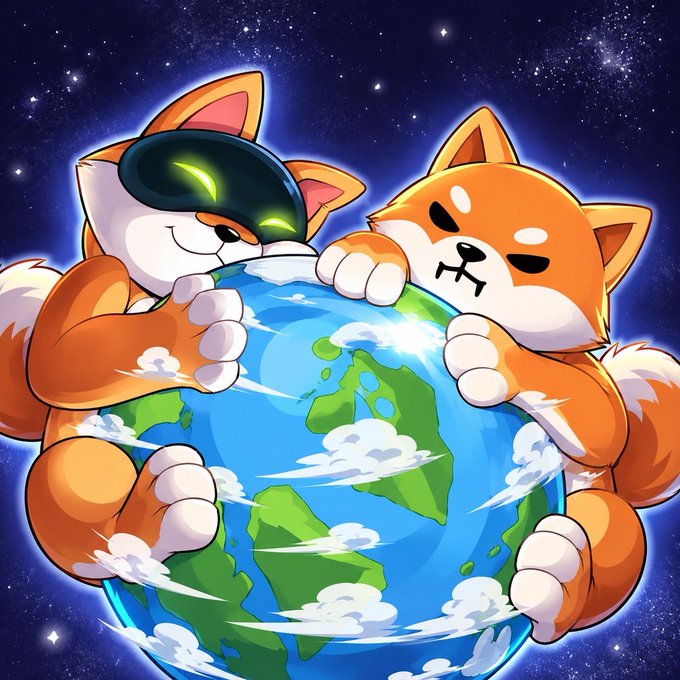 A vibrant digital illustration depicting two cartoon Shiba Inu dogs—one wearing a dark visor with glowing green eyes and the other with a calm expression—hugging planet Earth against a starry purple cosmos background.