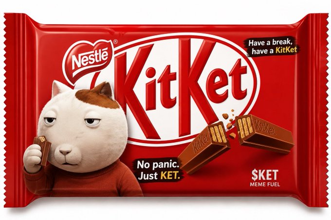 A KitKat parody wrapper labeled 'KitKet' featuring a cat in a red sweater, with text reading 'Have a break, have a KitKet,' 'No panic. Just KET,' and 'MEME FUEL.'