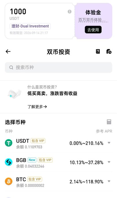 A cryptocurrency app interface showing '1000 USDT' and a '理财-Dual Investment' section with available coins including USDT (0.00%~210.16%), BGB (10.13%~37.28%), and BTC (2.14%~118.90%).