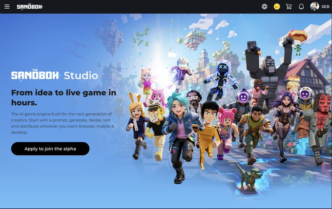 The image features a website for Sandbox Studio with a group of people playing a video game together. There are at least 14 people visible in the image, each engaged in different activities within the game. The website promotes the idea of creating games from ideas, which is an innovative concept that has been gaining popularity over time. It encourages users to join and create their own games using the Sandbox Studio platform, where they can collaborate with others and share their creations on a blockchain-powered marketplace for gaming assets.