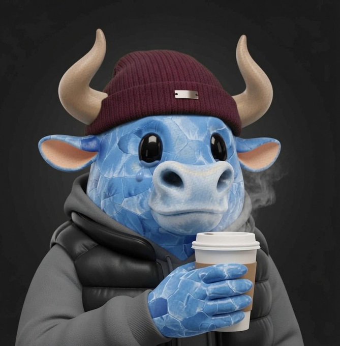3D rendered illustration of a blue, cracked-texture anthropomorphic bull or cow character wearing a maroon beanie and gray hoodie, holding a steaming hot coffee cup against a black background.