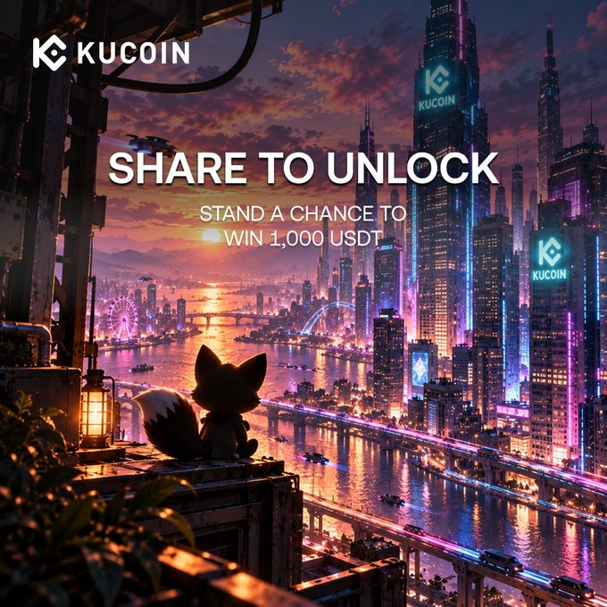 A black cat sits on a rooftop overlooking a neon-lit futuristic city at sunset, with prominent "KUCOIN" branding and text announcing "SHARE TO UNLOCK - STAND A CHANCE TO WIN 1,000 USDT," promoting a campaign encouraging users to share their KuKu badge for a chance to win the prize.