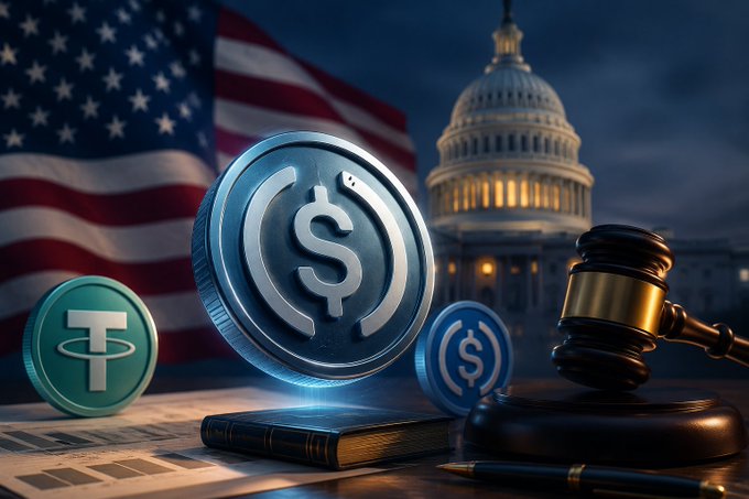 The image features the US Capitol building, an American flag, a judge's gavel, and prominent stablecoin logos (USDC and Tether/USDT), symbolizing US government regulation of stablecoins—aligning with the post about the Treasury's August 18, 2026 proposal to implement the GENIUS Act for regulating payment stablecoin issuance.