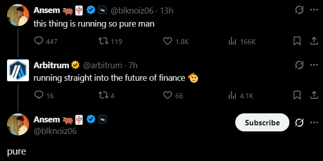 The image captures an X (Twitter) exchange where crypto influencer Ansem (@blknoiz06) declares "this thing is running so pure man," prompting a reply from Arbitrum's official account (@arbitrum) stating "running straight into the future of finance," which satirically underscores the post's sarcastic take on Arbitrum's questionable momentum and the influencer's ironic commentary.